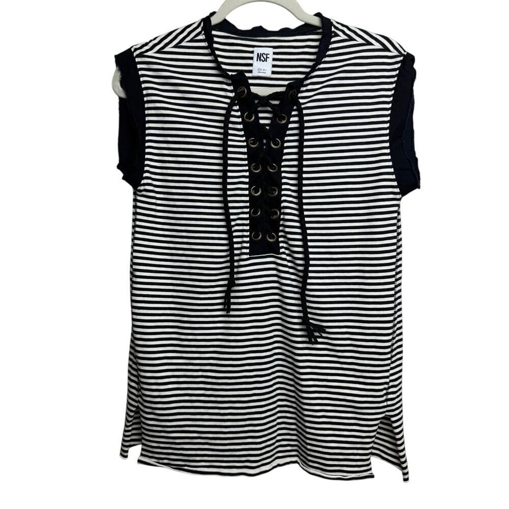 NSF Black White Striped Nautical Lace Up Tee Sz. P